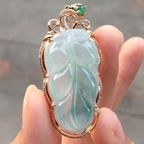 廠家直銷 批發 天然a貨 冰種淺綠色樹葉金枝玉葉 翡翠金鑲玉吊墜